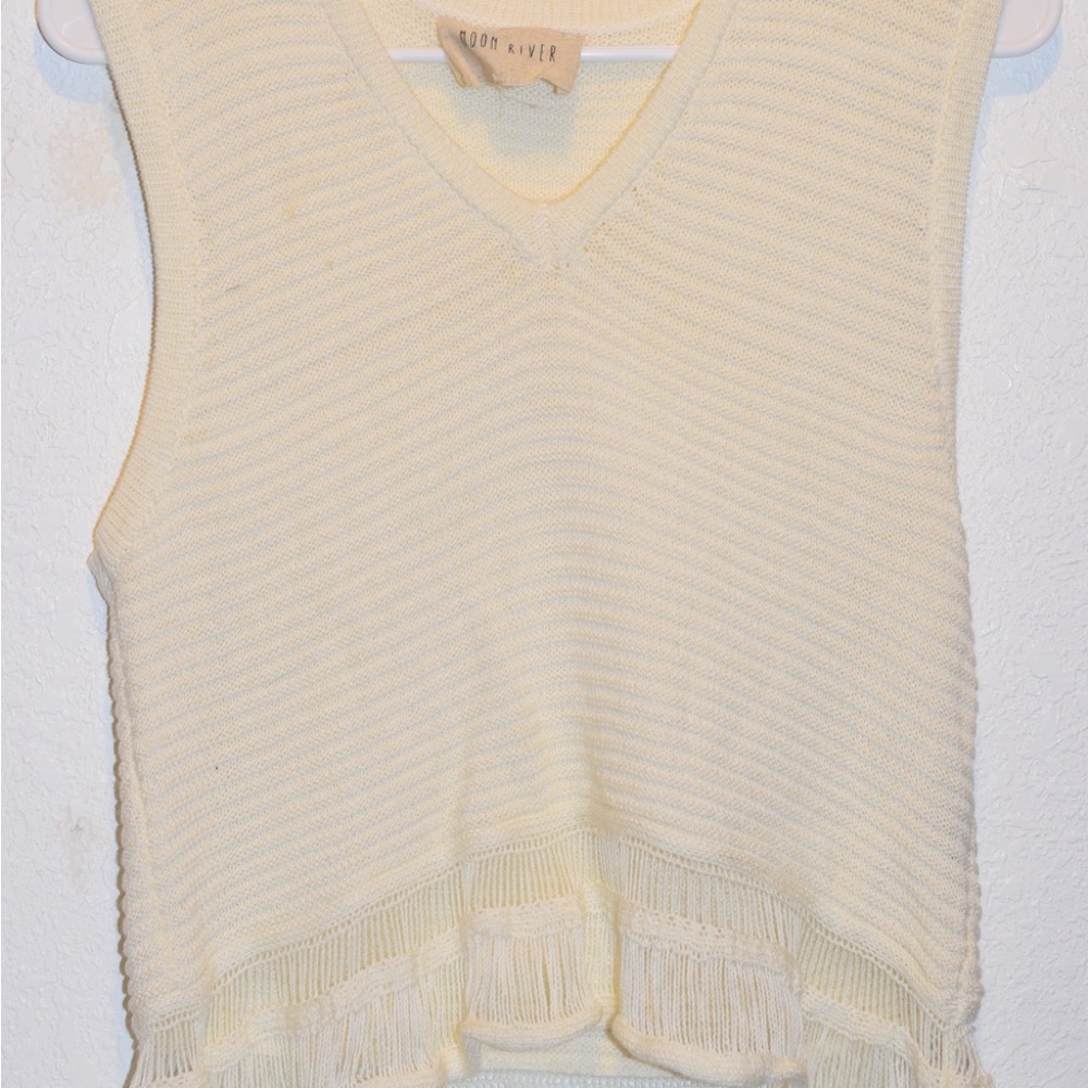 Moon River Cream Knit Top with Fringe
